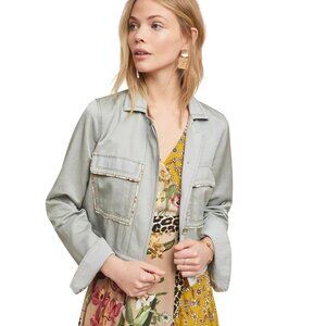 Anthropologie Sage Green Piped Trucker Jacket Size S, Boho
